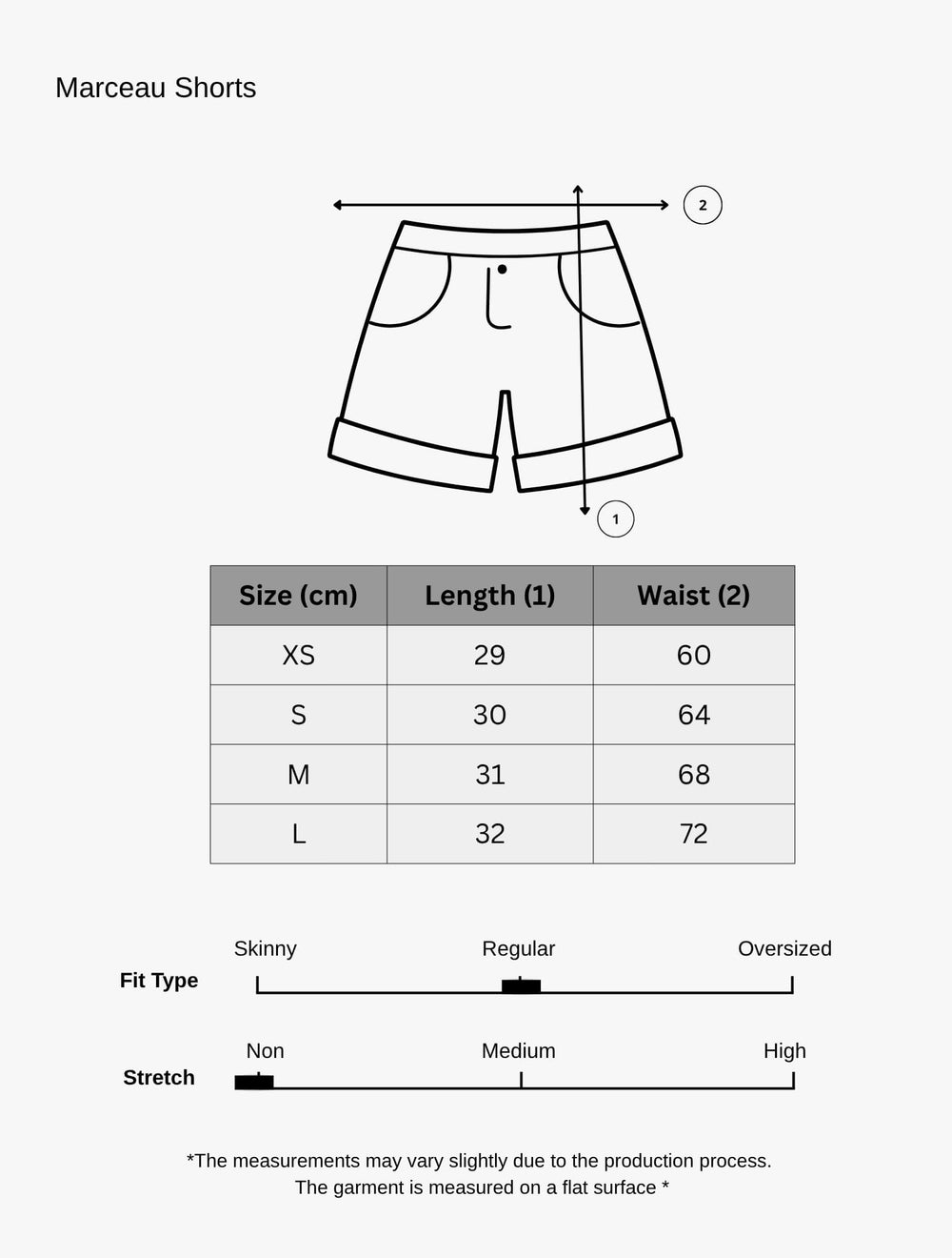 Size chart for Marceau Shorts