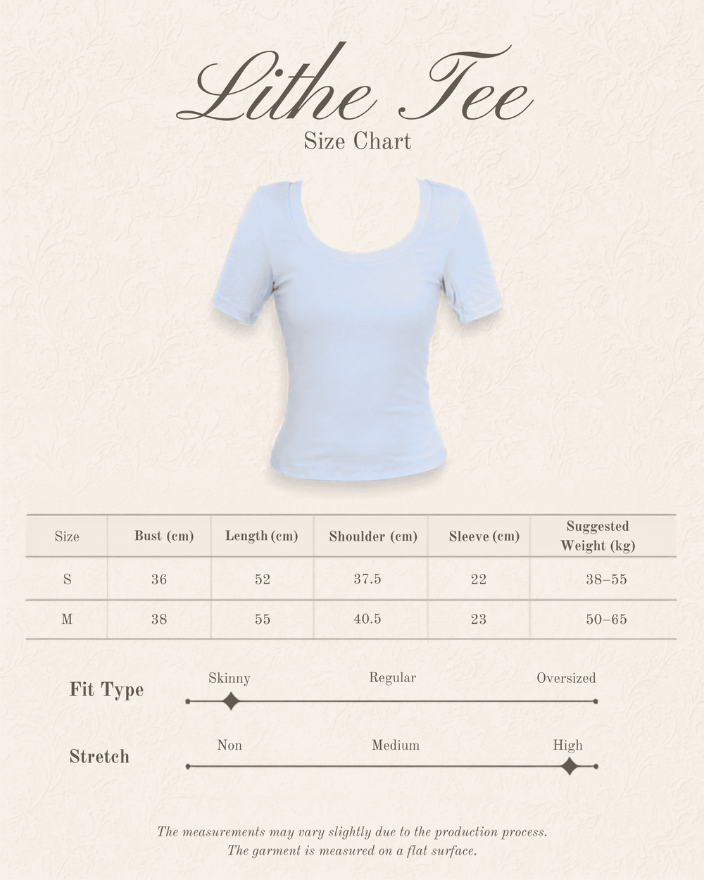 Size chart for Lithe Tee - Grey