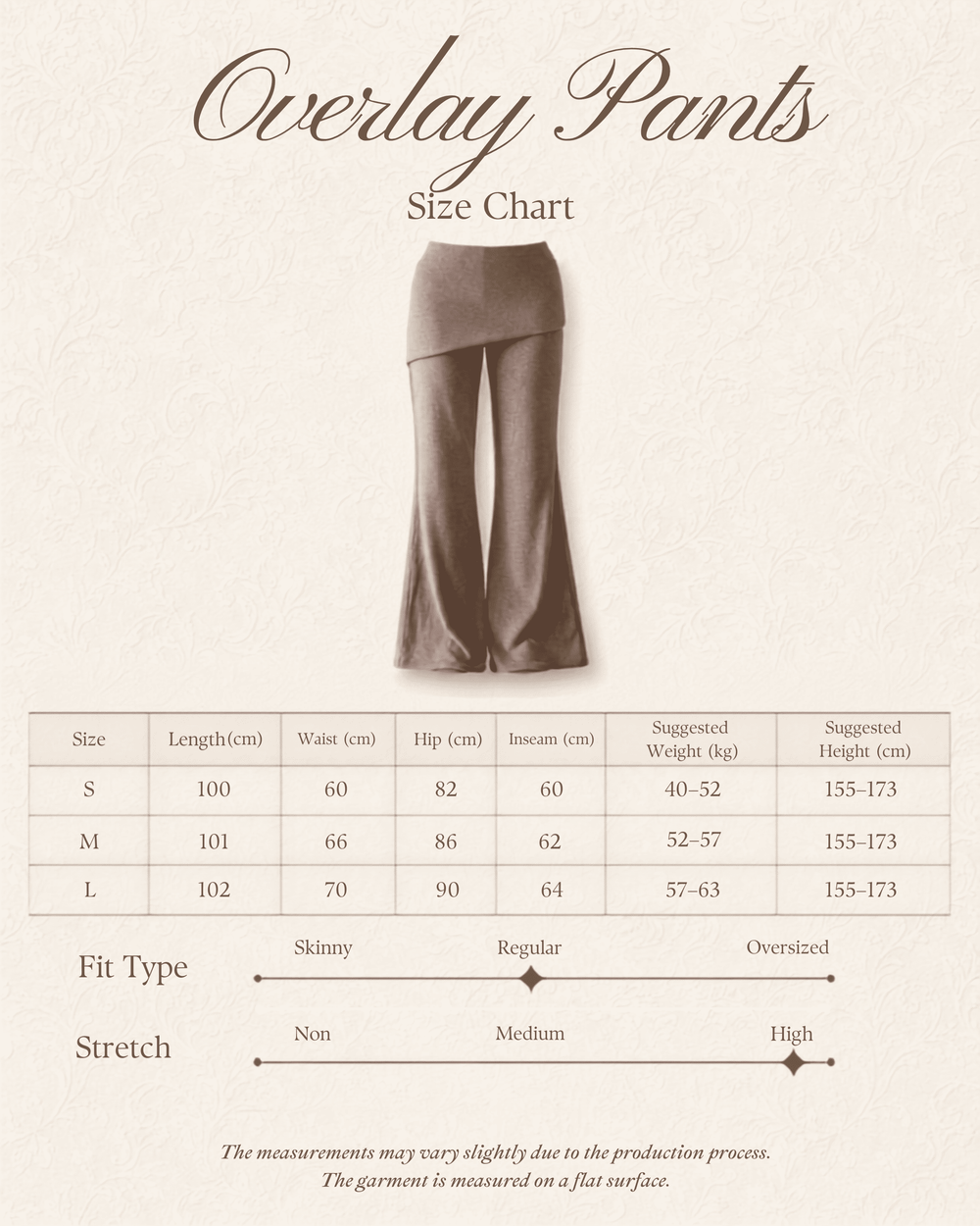 Size chart for Overlay Pants - Nut