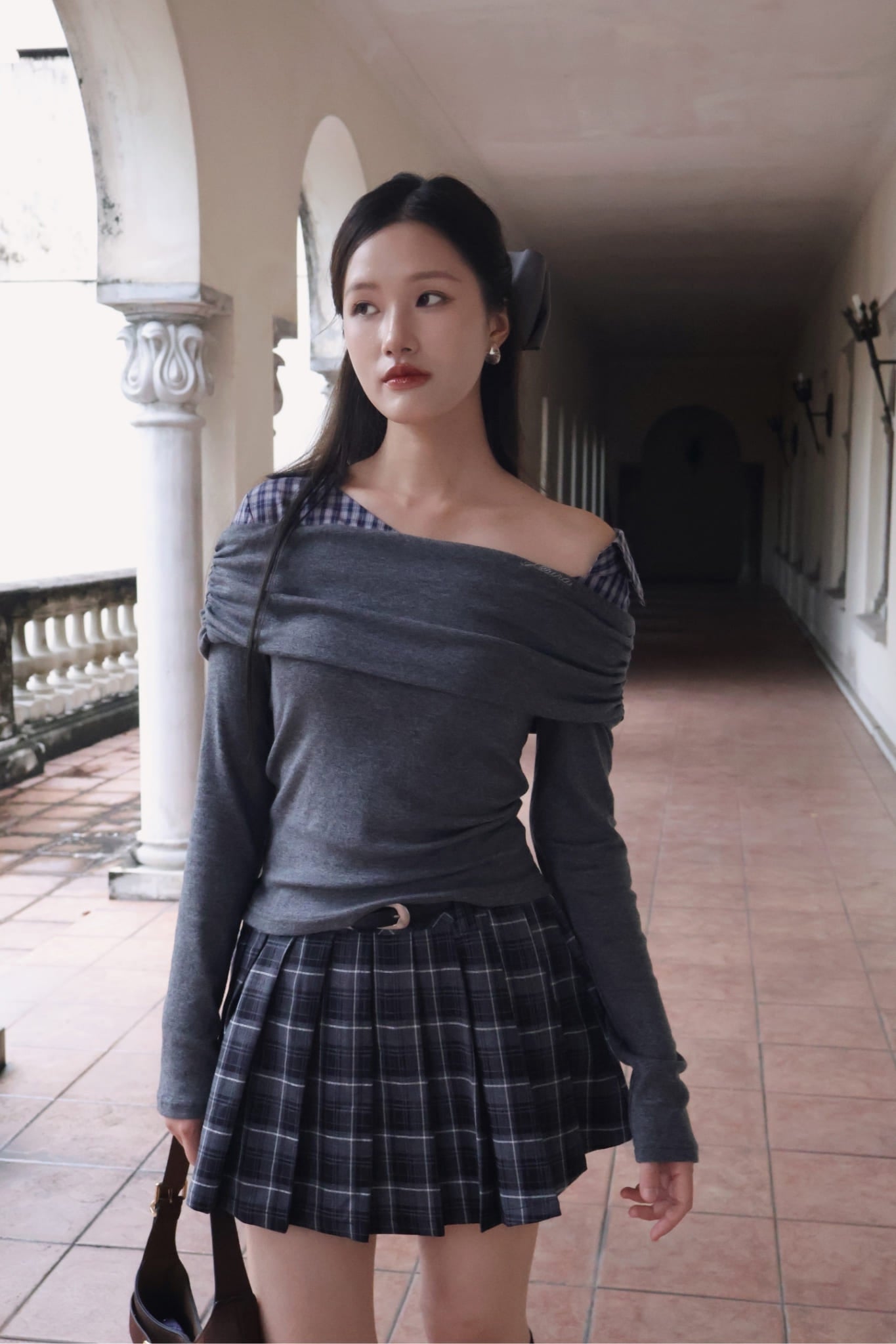 Check Pleated Mini Skirt - Black