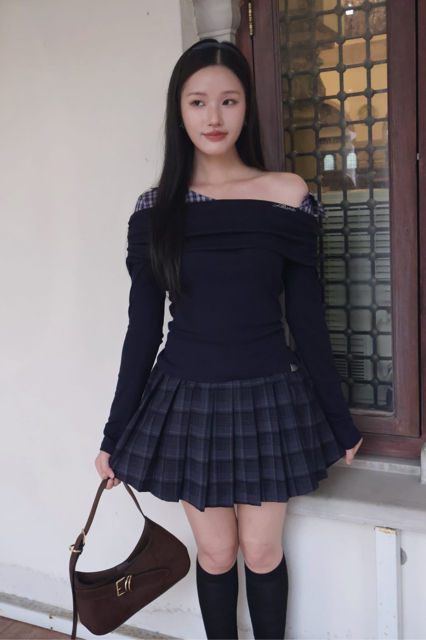 Check Pleated Mini Skirt - Navy