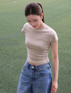 Crew Neck Crop Tee - Beige