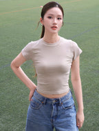 Crew Neck Crop Tee - Beige