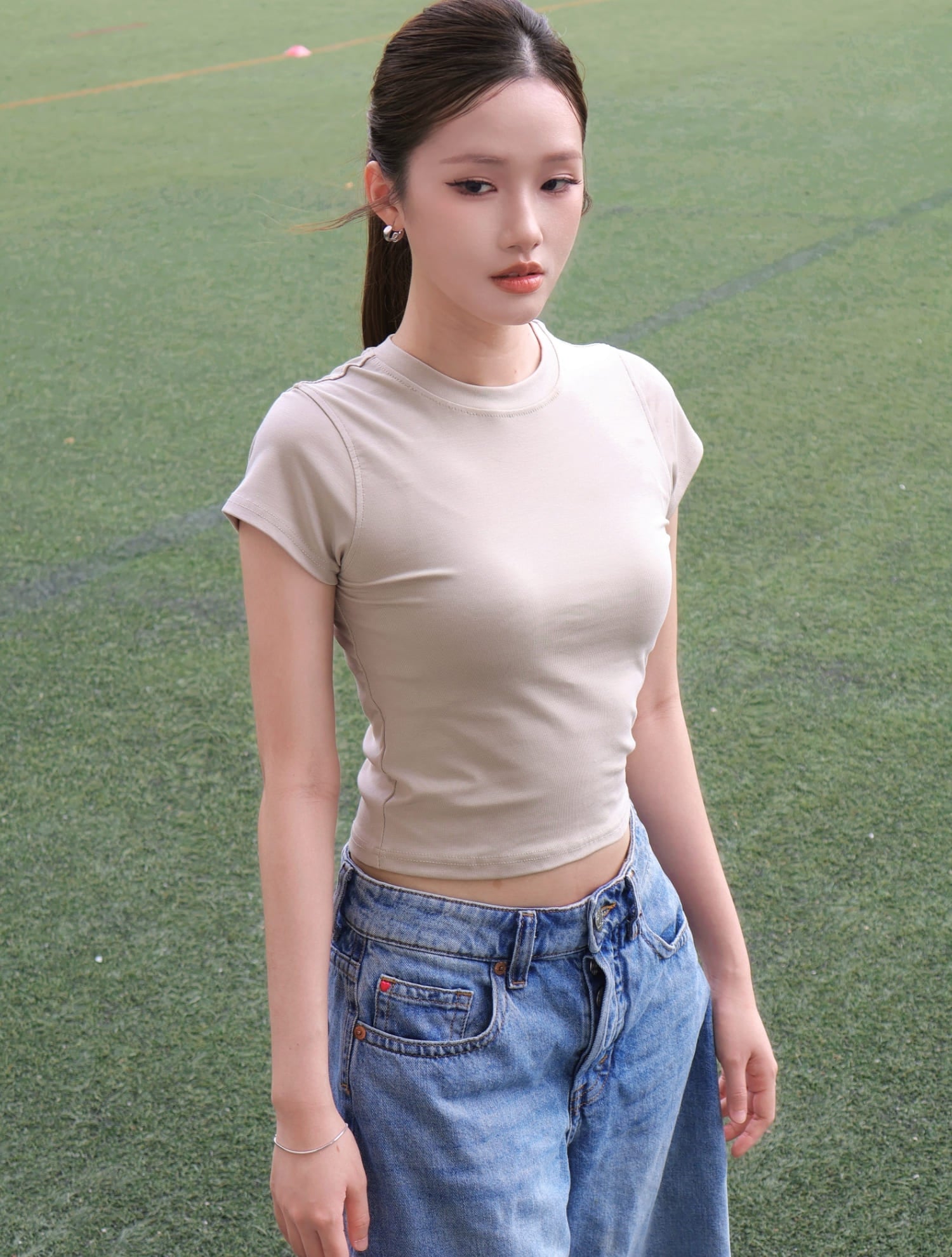 Crew Neck Crop Tee - Beige