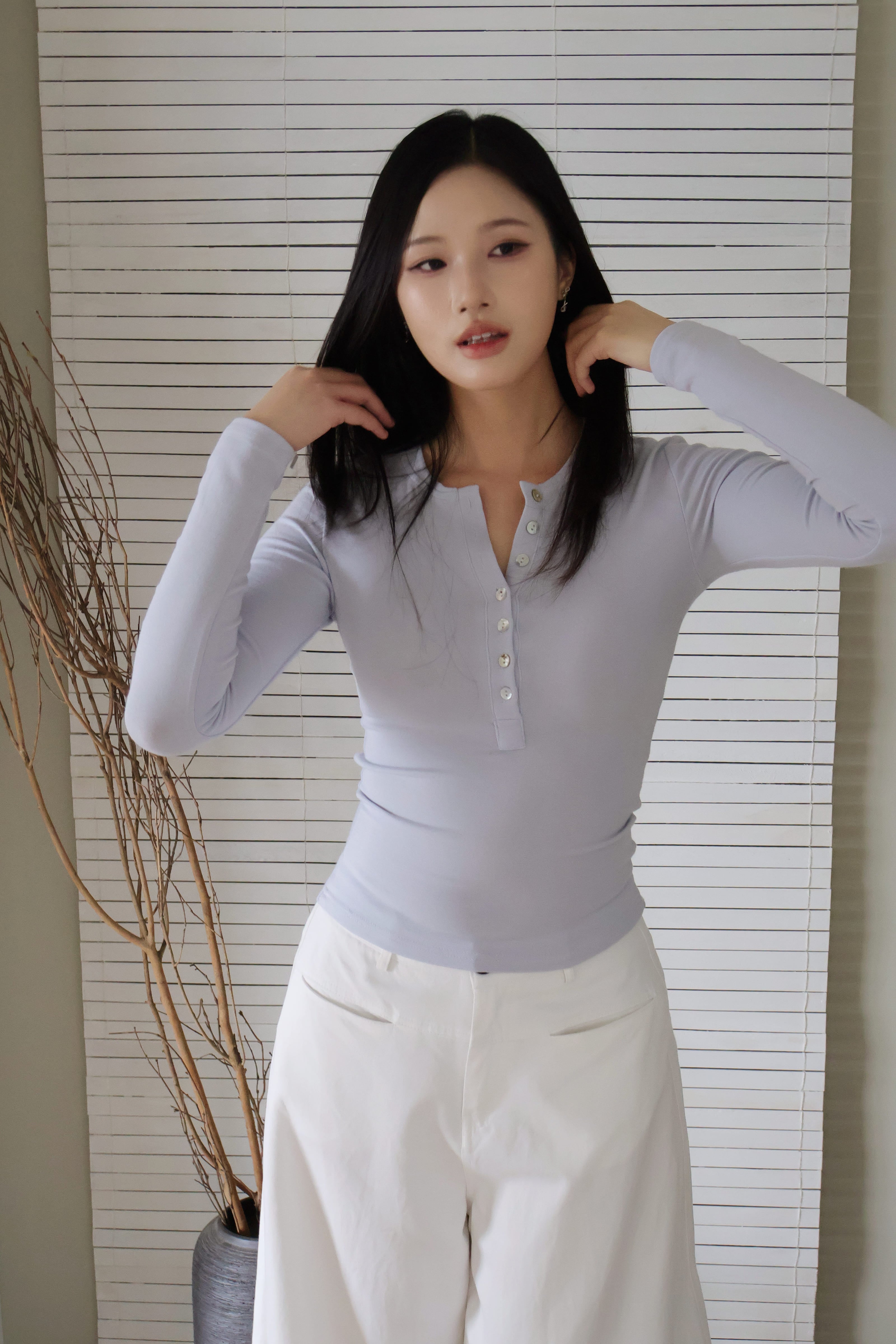 Pearl-Skin Henley- Baby Blue