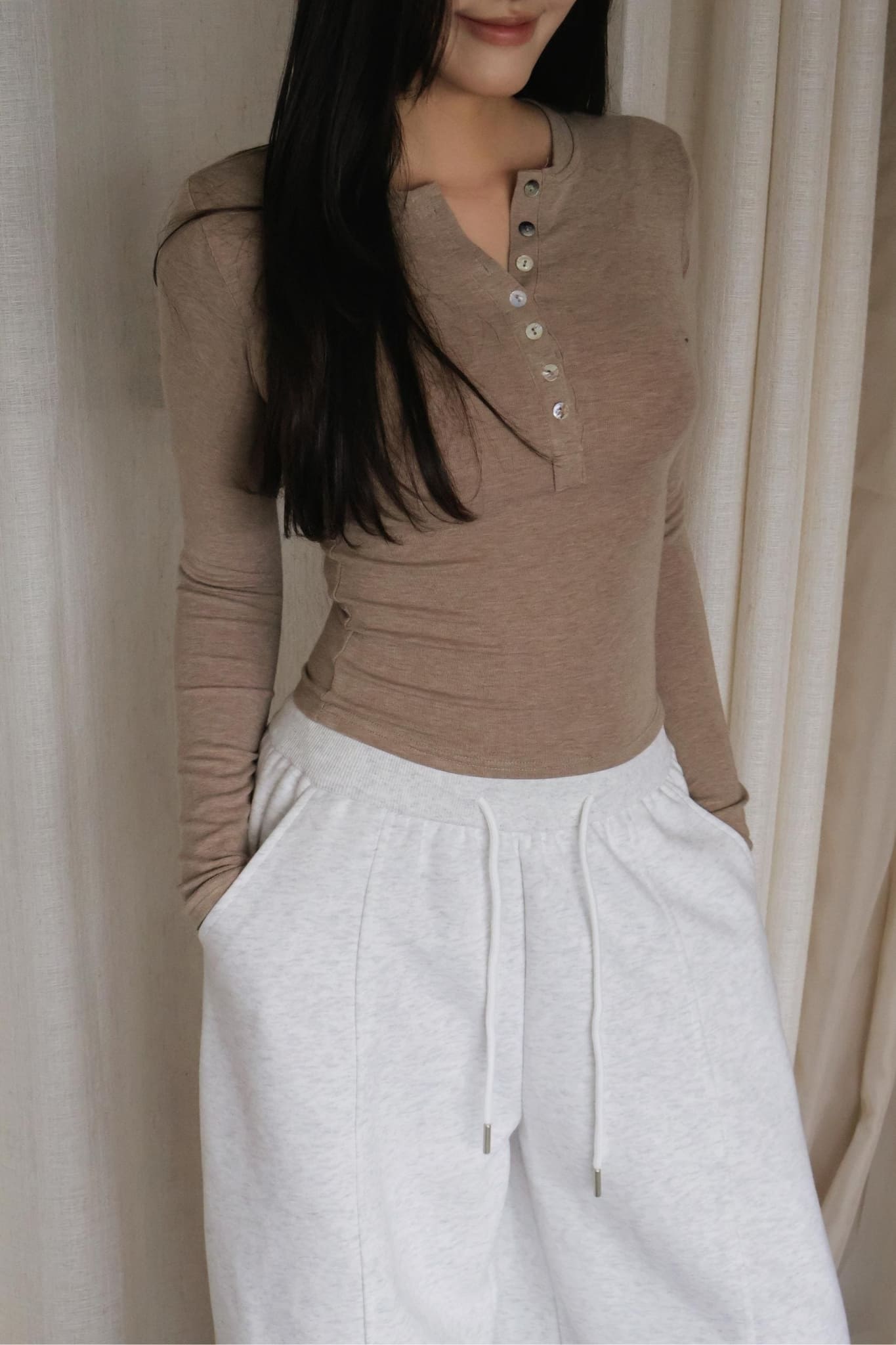 Pearl-Skin Henley- Milk Tea