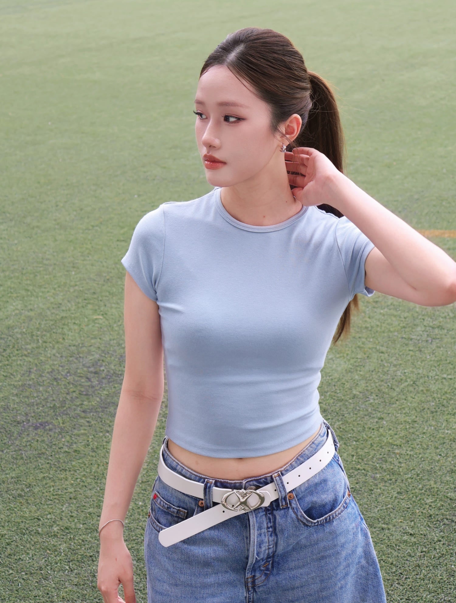 Round Neck Crop Tee - Blue