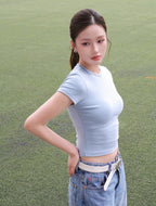 Round Neck Crop Tee - Blue