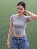 Round Neck Crop Tee - Grey