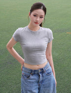 Round Neck Crop Tee - Grey